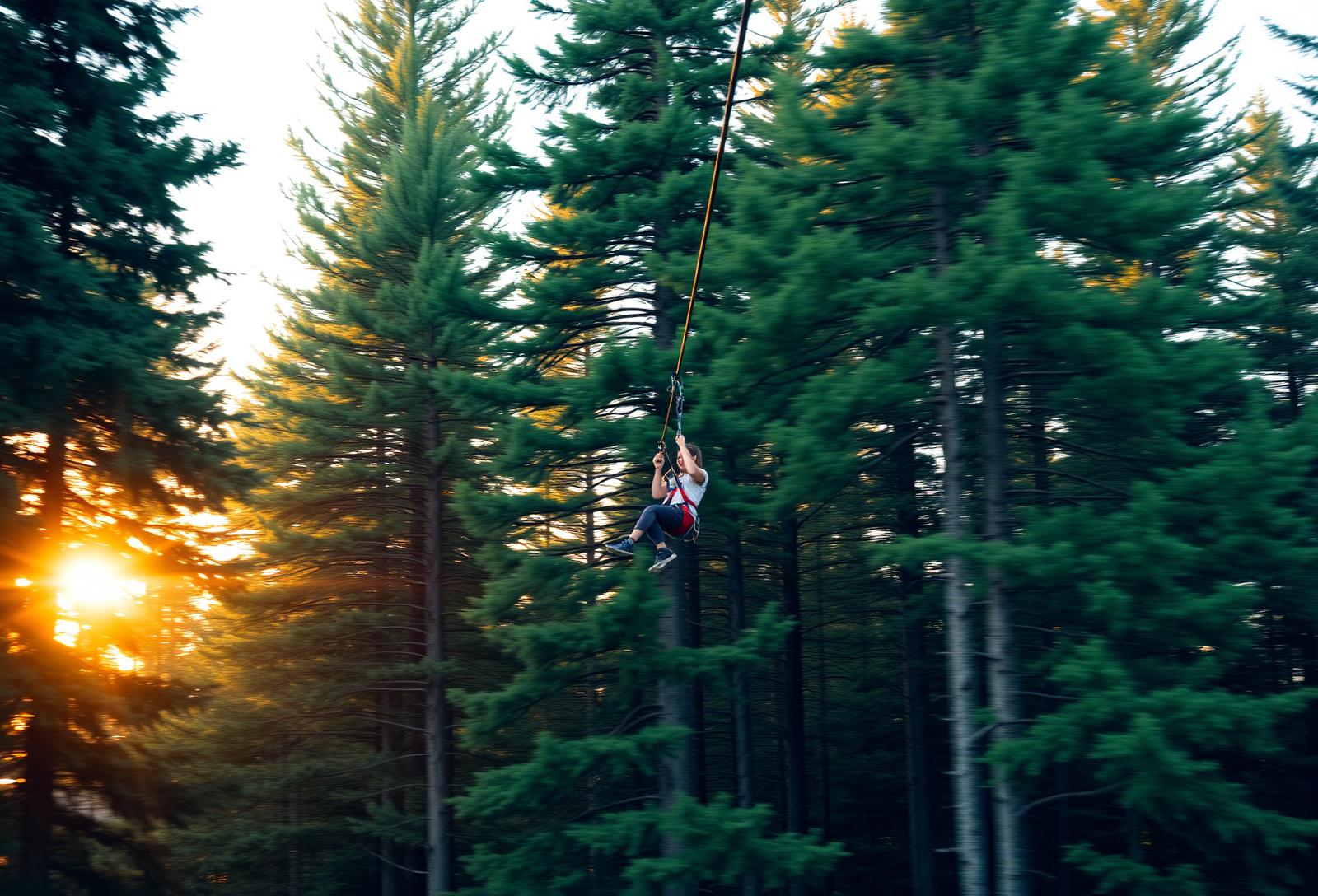 A person ziplining through a tall forest canopy at golden hour