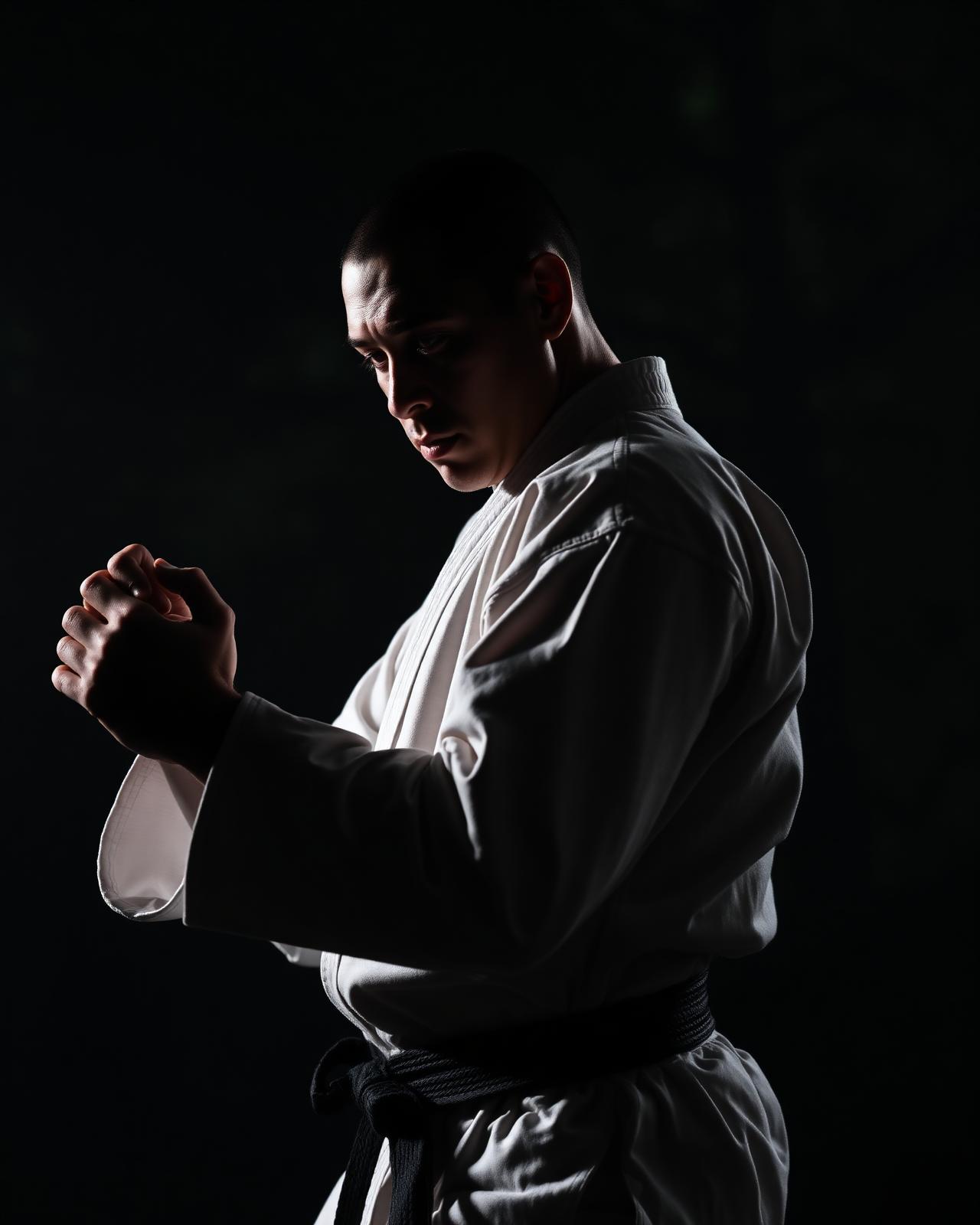 A black belt karate master in dramatic side light