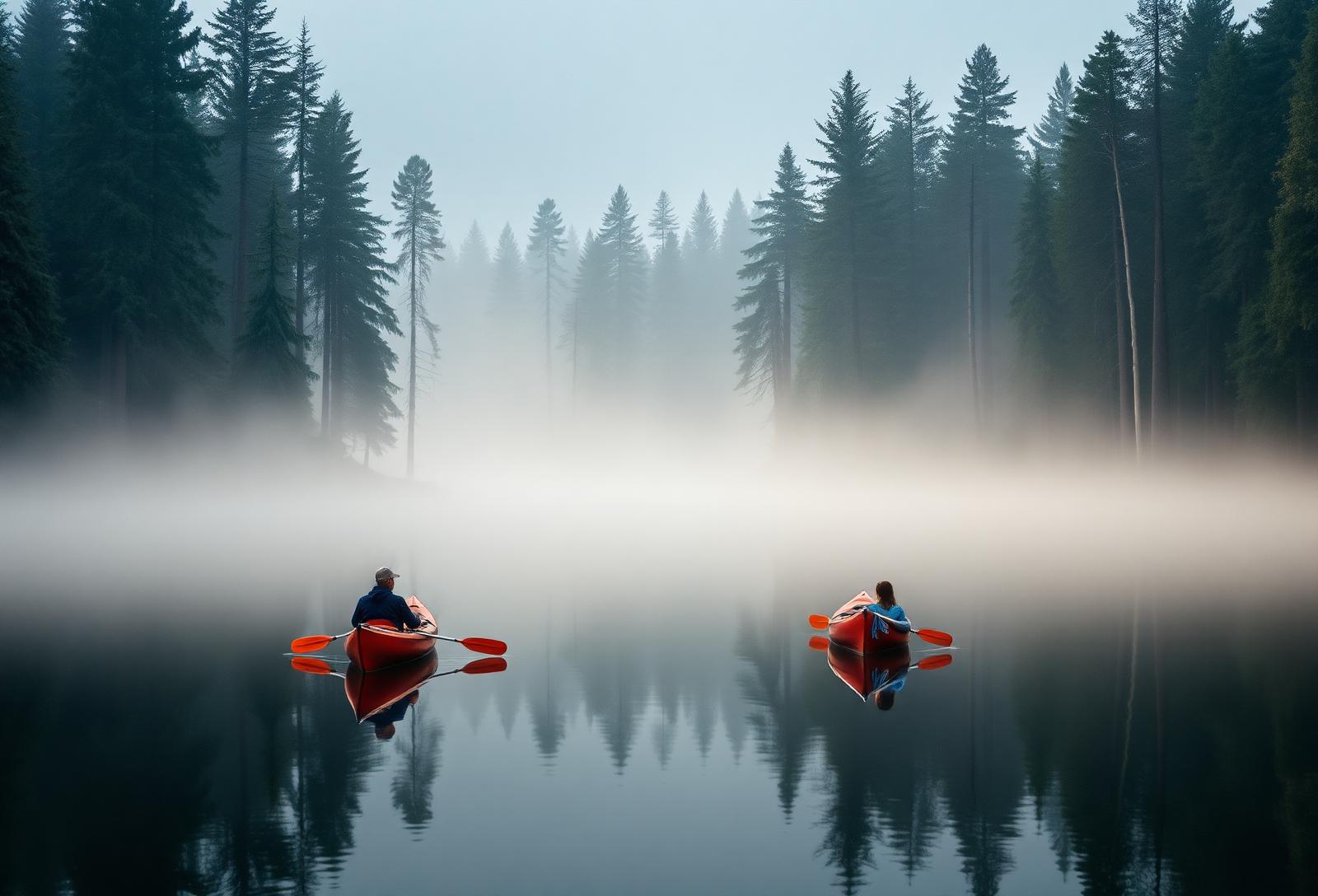Kayakers gliding across a misty forest lake at dawn